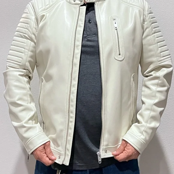 Zara Men's Cream Leather Bomber Jacket - Picture 1 of 5